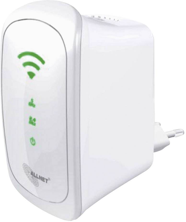 Biały wzmacniacz sygnału Wi-Fi z zielonymi wskaźnikami LED informującymi o sile sygnału, pracy i połączeniu, jest podłączony do gniazdka elektrycznego.