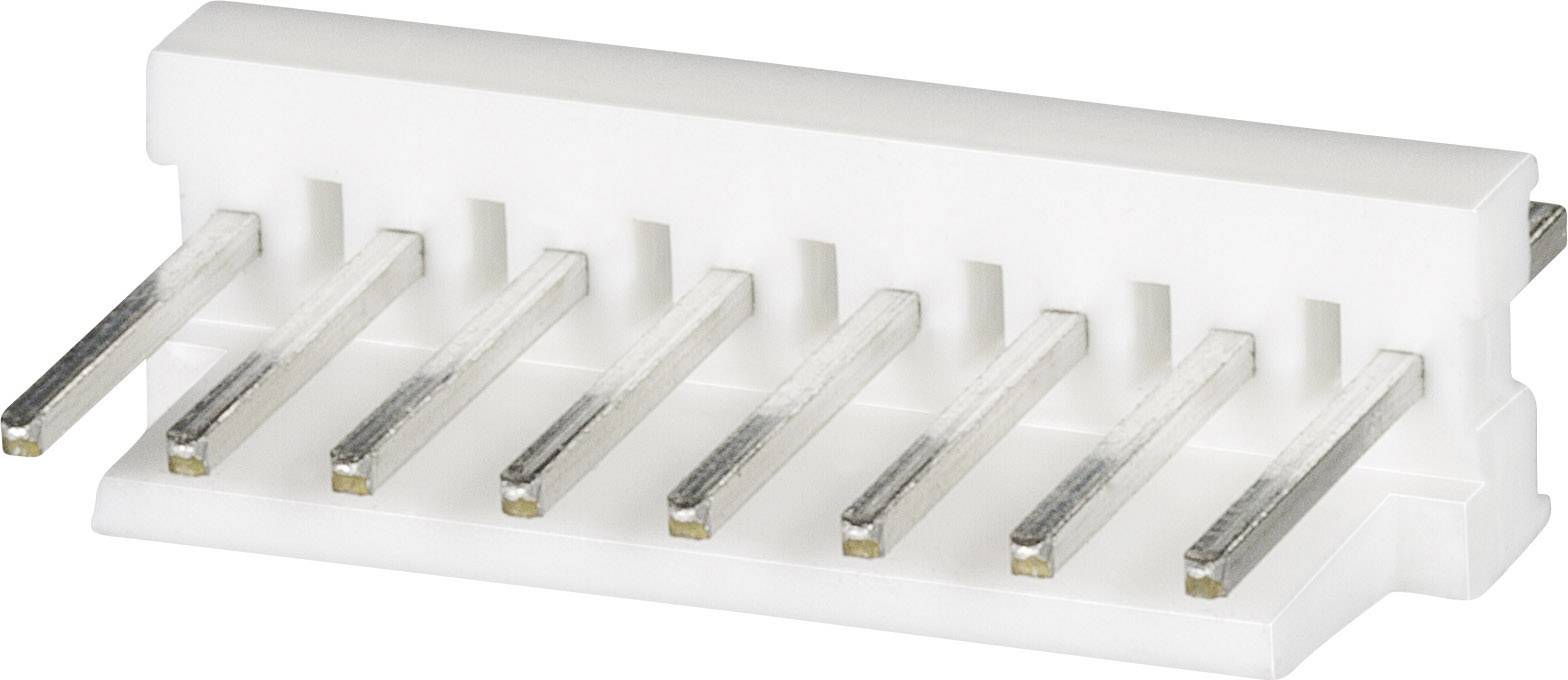 Biały elektryczny złącz z siedmioma metalowymi stykami, które są proste i równolegle ułożone.