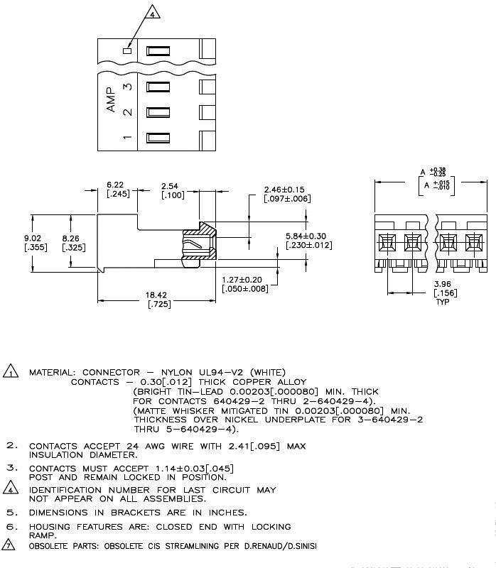 Elektryczny schemat połączeń, przekrój złącza wtykowego. Kontakty i wymiary szczegółowo opisane. Podane instrukcje dotyczące materiału i montażu.