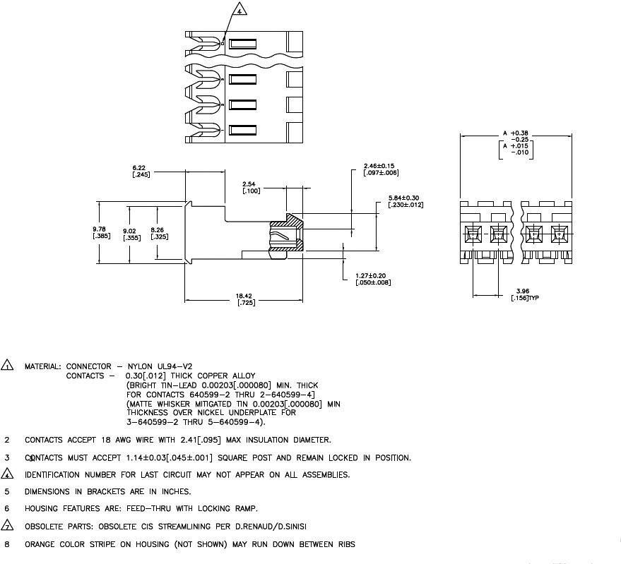 Rysunek złącza elektrycznego. Szczegóły takie jak materiały: Nylon UL94-V2, rozmiary przewodów, wymiary w calach oraz projekt obwodu.