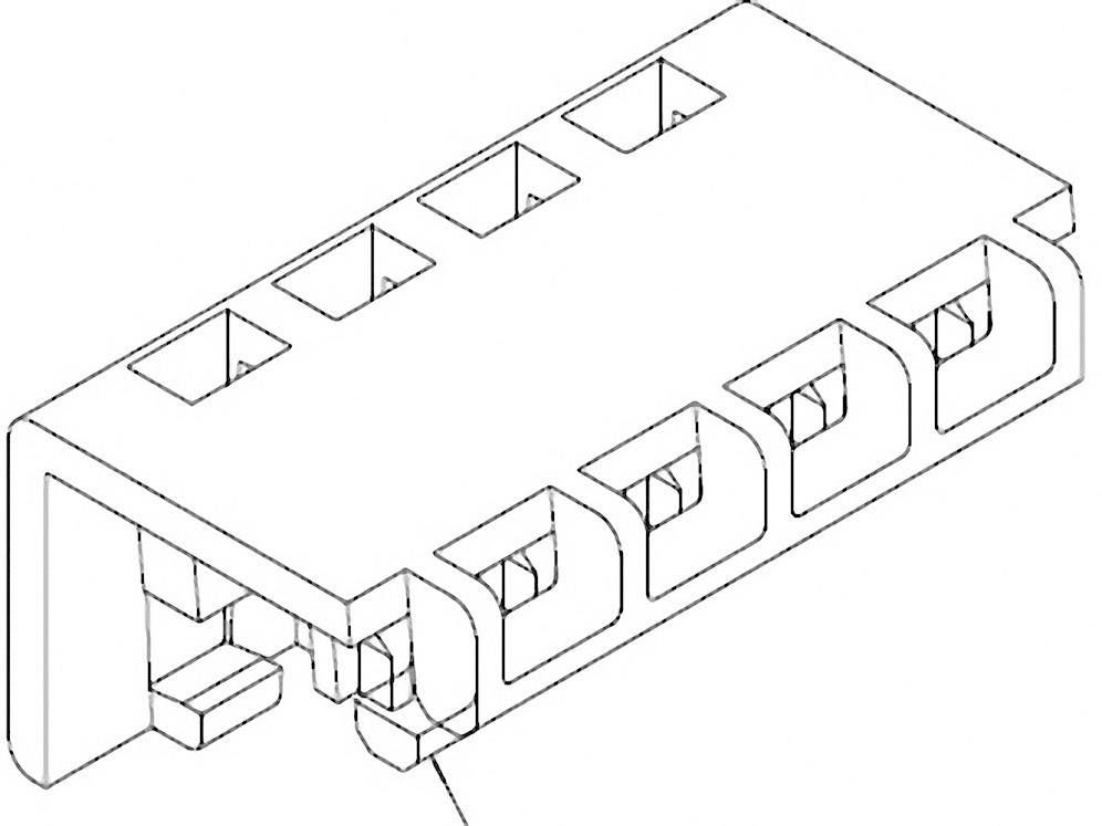 Rysunek techniczny pięciostykowego złącza w projekcji izometrycznej, przedstawiający rozmieszczenie styków oraz obudowę.