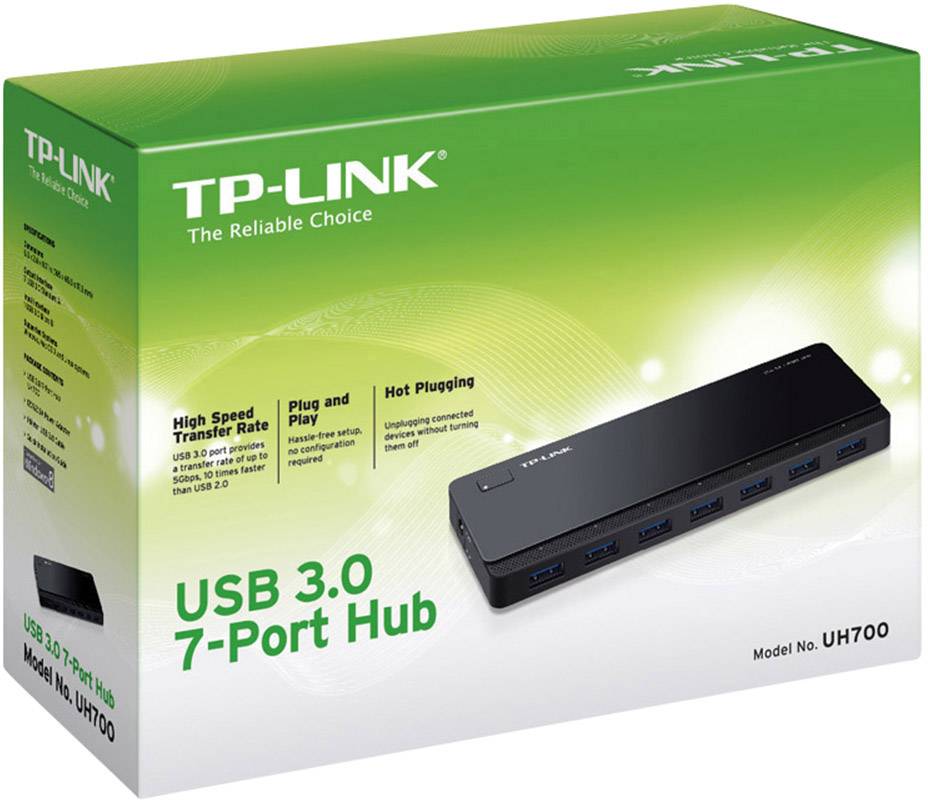 Opakowanie TP-LINK USB 3.0 Hub z 7 portami prezentuje smukłe czarne urządzenie z siedmioma złączami. Przedstawia główne cechy, takie jak 'Wysoka szybkość transferu danych' oraz 'Plug and Play'.