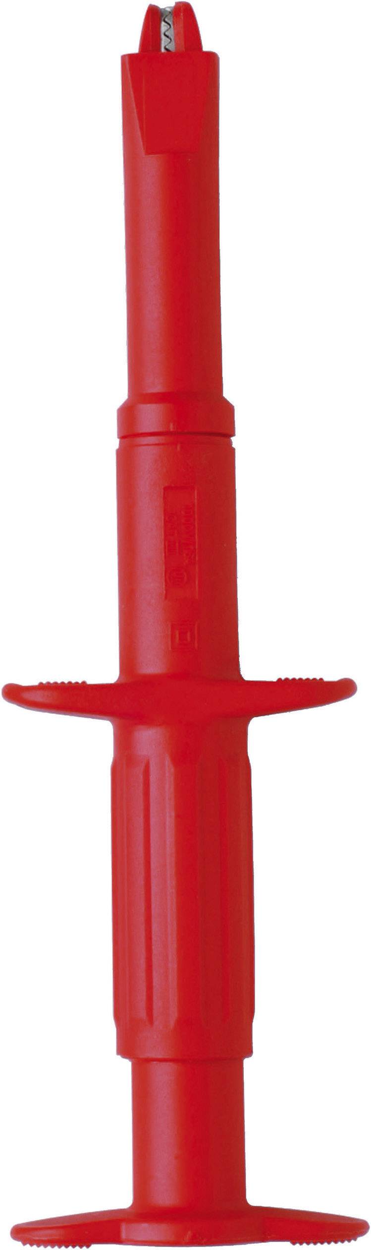 Czerwony izolowany pin zacisku krokodylkowego do elektroniki, zamknięty.