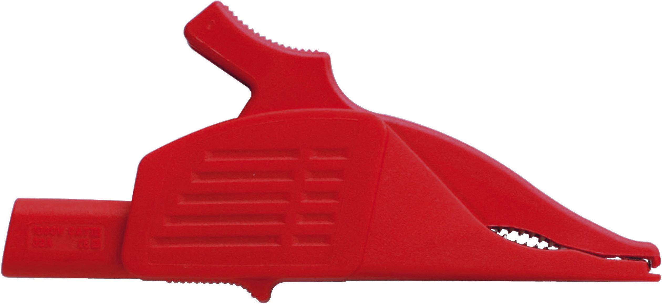 Czerwone szczęki krokodylkowe z ząbkami, używane do zabezpieczania przewodów w zastosowaniach elektrycznych.