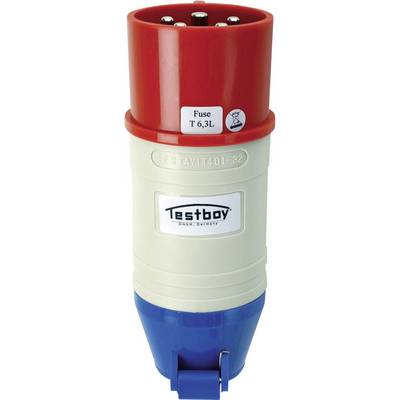Adapter testowy Testboy FI z czerwoną wtyczką, z napisem: Testavit 401-82, z informacją o bezpieczniku T 6,3L, do testowania wyłączników różnicowoprądowych.