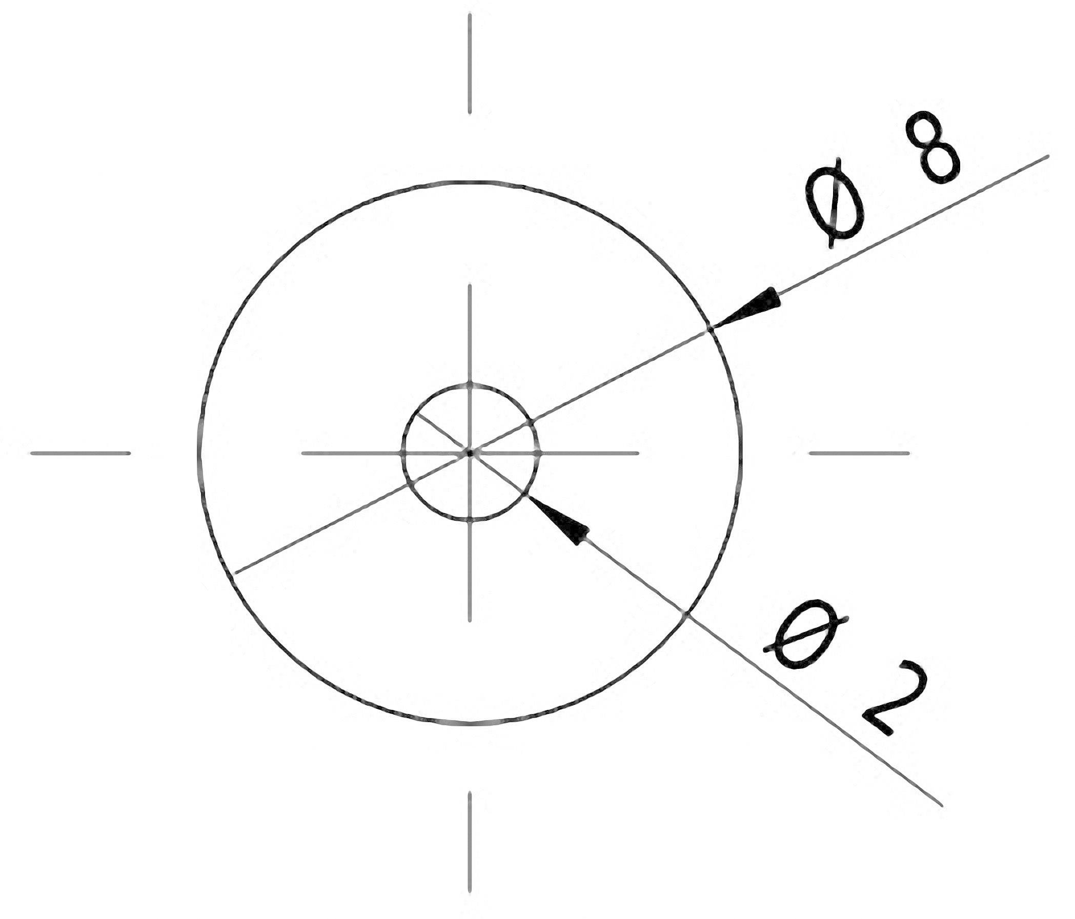 Rysunek techniczny koła z dwoma średnicami, Ø8 i Ø2. Linia główna przedstawia większe koło, linia pomocnicza pokazuje mniejsze.