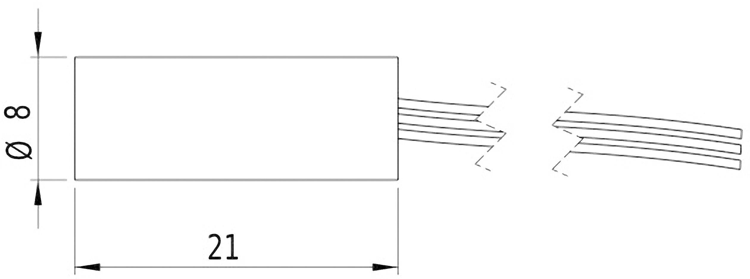 Rysunek techniczny prostokątnego elementu z trzema przewodami po prawej stronie. Wymiary: długość 21 mm, średnica 8 mm.