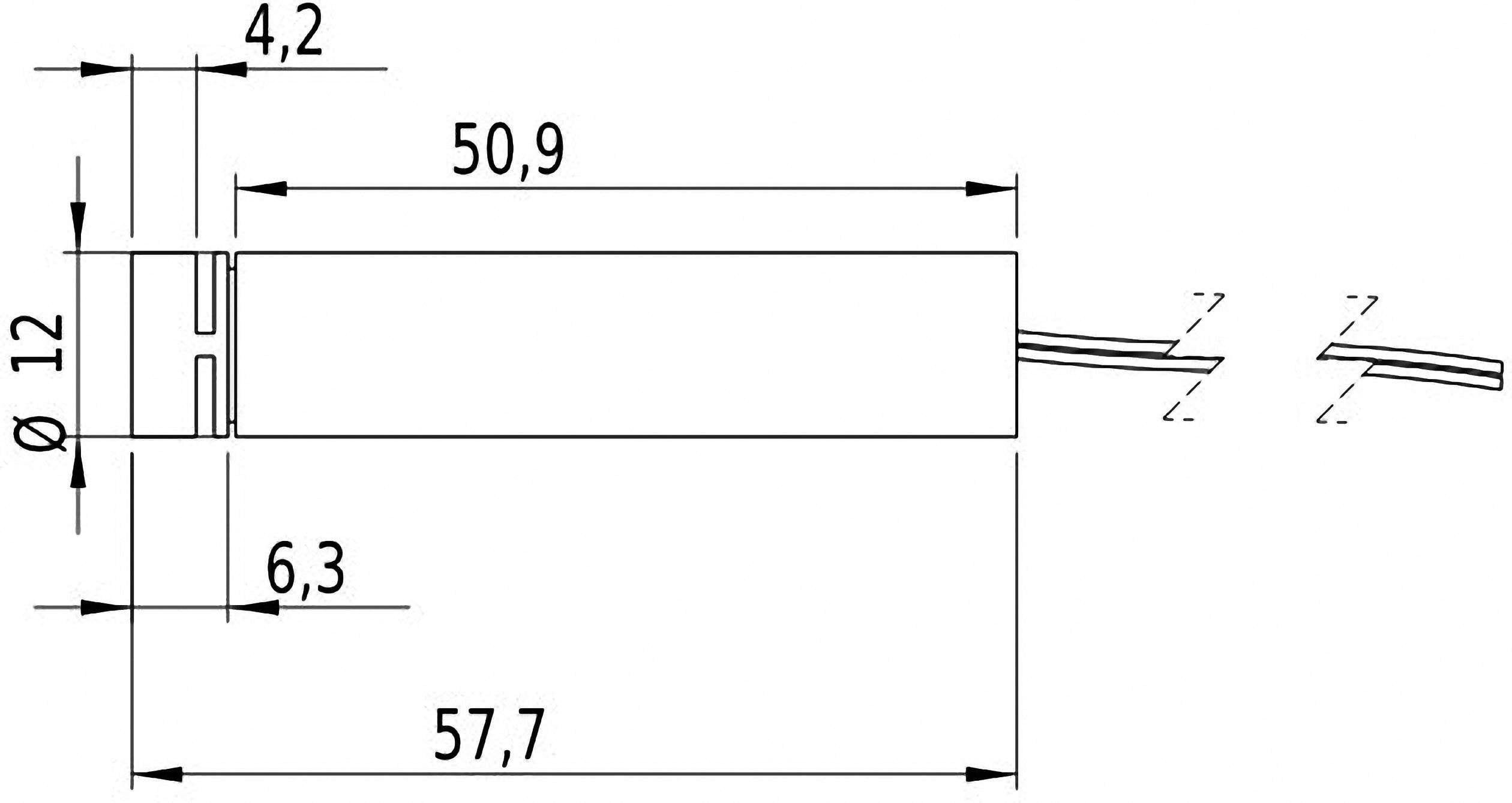 Rysunek techniczny cylindrycznego elementu o długości 50,9 mm, średnicy 12 mm, o całkowitej długości 57,7 mm wraz z przewodem.