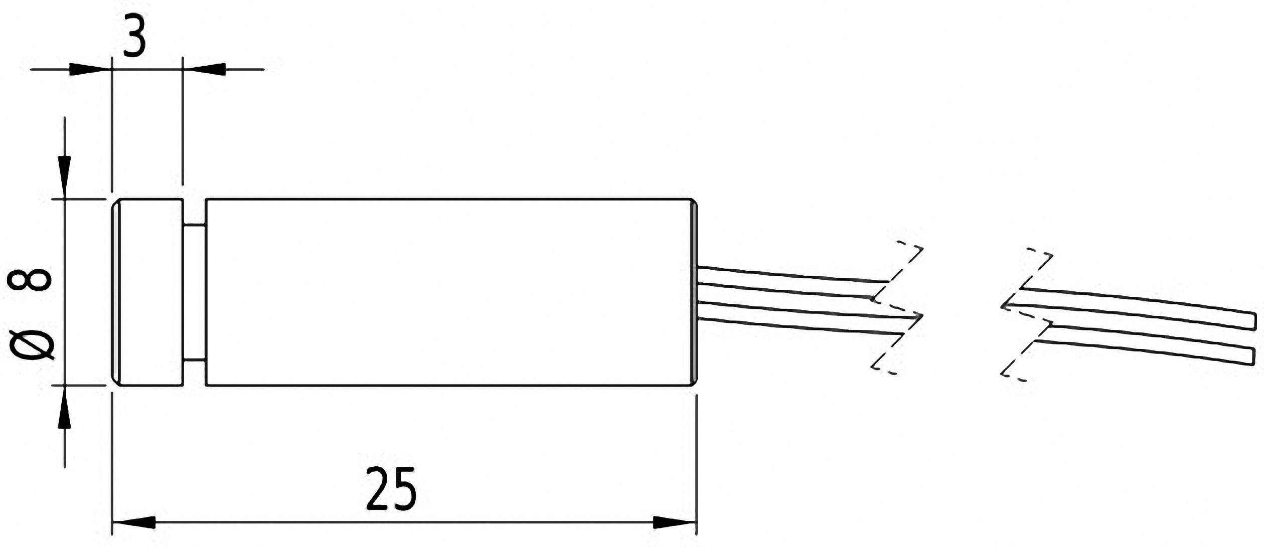 Rysunek cylindrycznego czujnika o następujących wymiarach: średnica 8 mm, długość 25 mm, odległość od końcówki 3 mm; wychodzące dwa komplety przewodów.