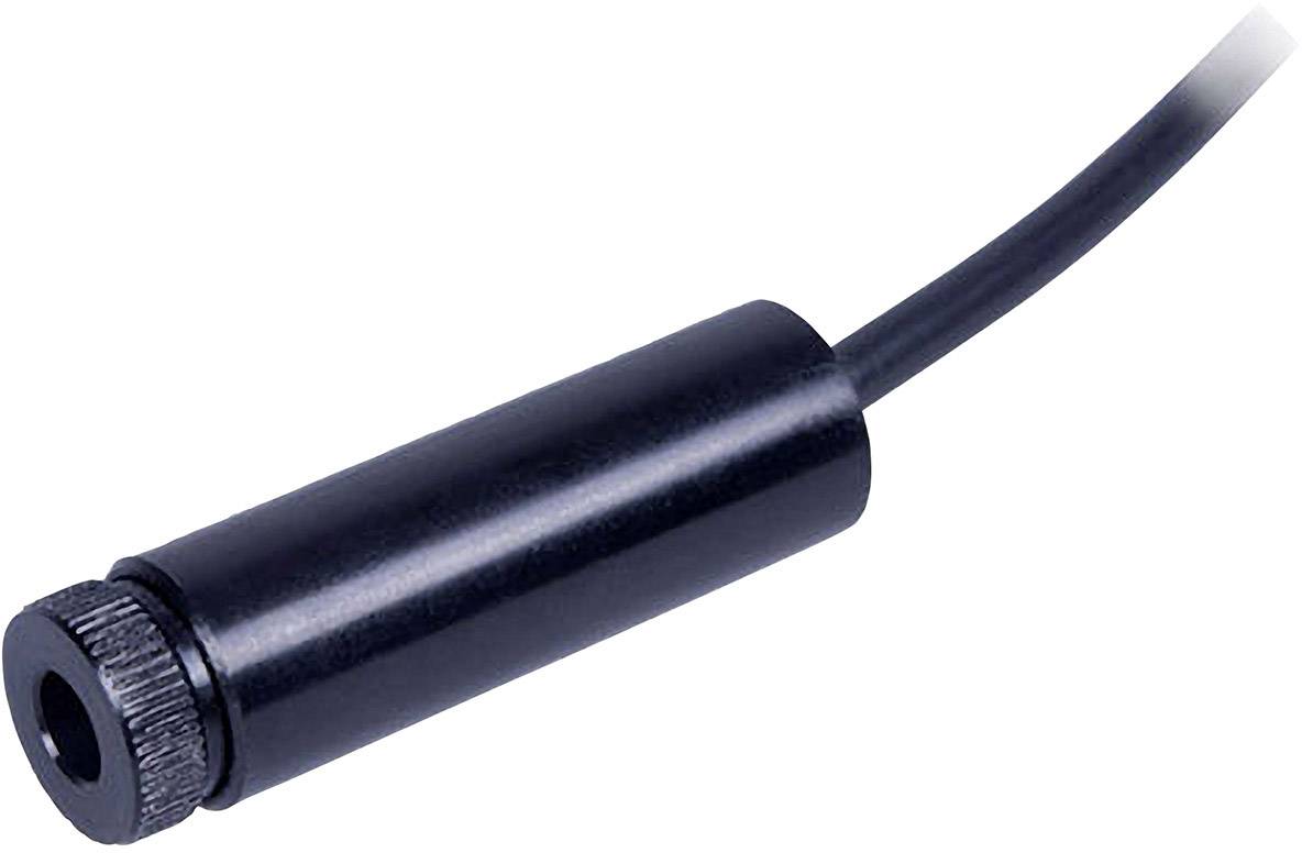 Czarny cylindryczny przyrząd z przewodem, prawdopodobnie elektroniczny sensor lub moduł laserowy, na białym tle.