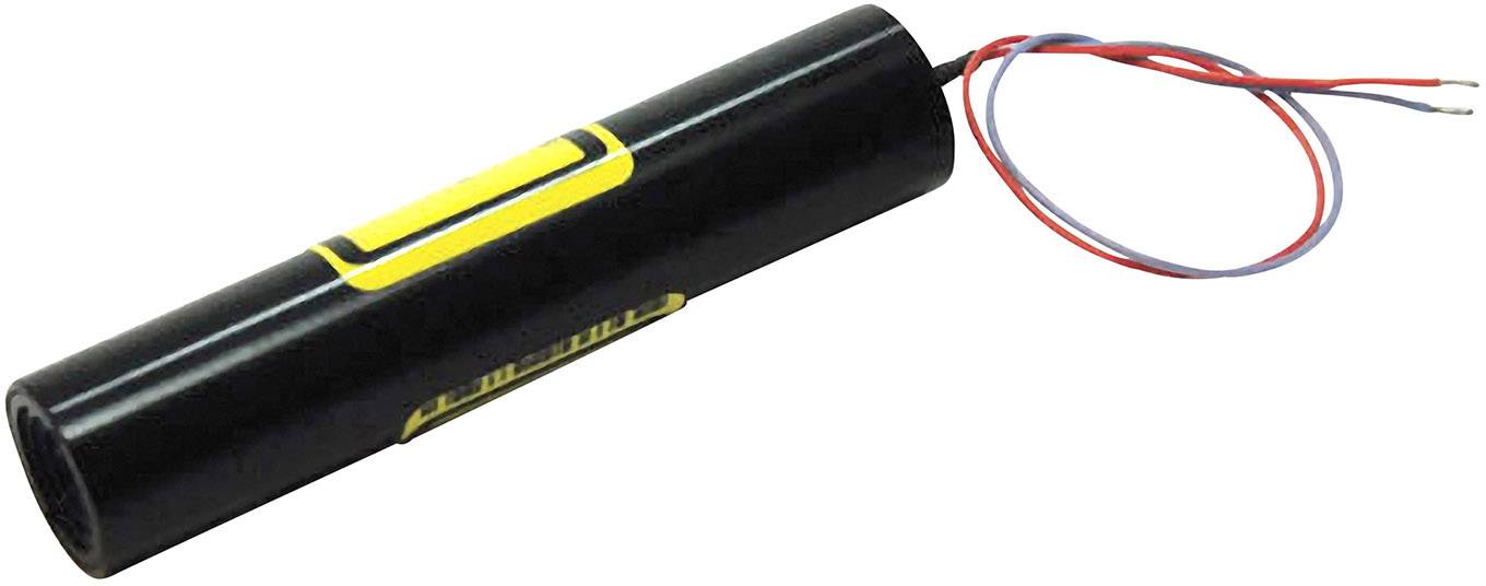 Cylindryczny, czarny wskaźnik laserowy z żółtymi akcentami i dwoma wystającymi kablami - czerwonym i niebieskim.