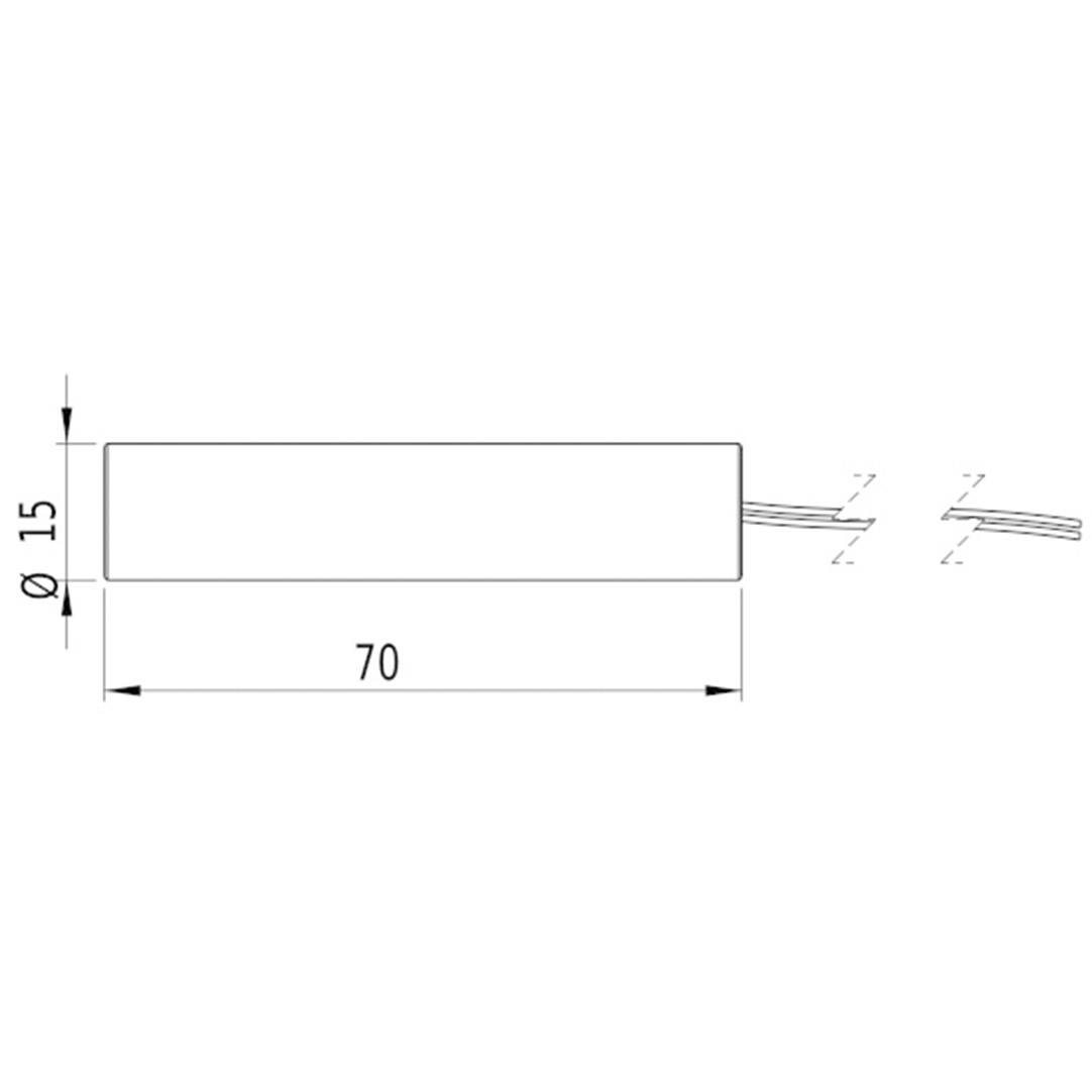 Rysunek techniczny cylindrycznej komponenty o średnicy Ø 15 mm i długości 70 mm, z dwoma wyjściami kablowymi po prawej stronie.