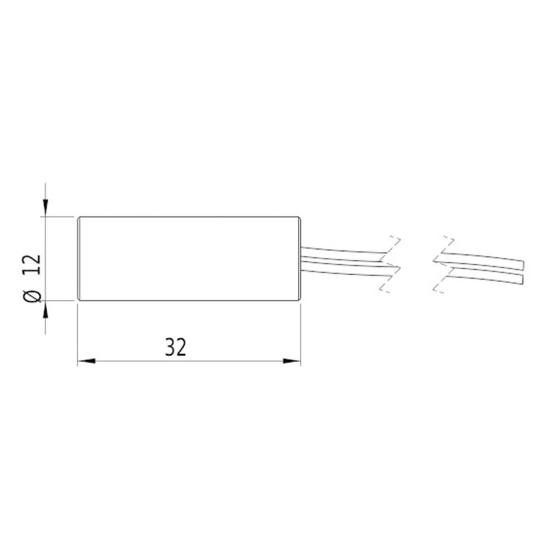 Rysunek cylindrycznego elementu o średnicy 12 mm i długości 32 mm. Kable wystają po lewej stronie.