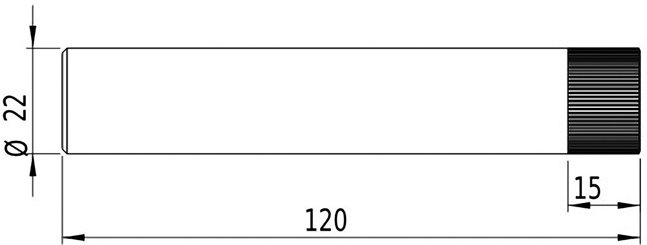 Podłużny cylinder o średnicy 22 mm i długości 120 mm. Prawy odcinek końcowy o długości 15 mm z rowkowaną strukturą.