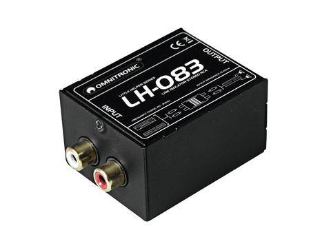 Czarny konwerter audio z oznaczeniami 'INPUT' i 'OUTPUT' oraz nazwą marki 'Omnitronic LH-083', prezentujący złącza wejściowe i wyjściowe.