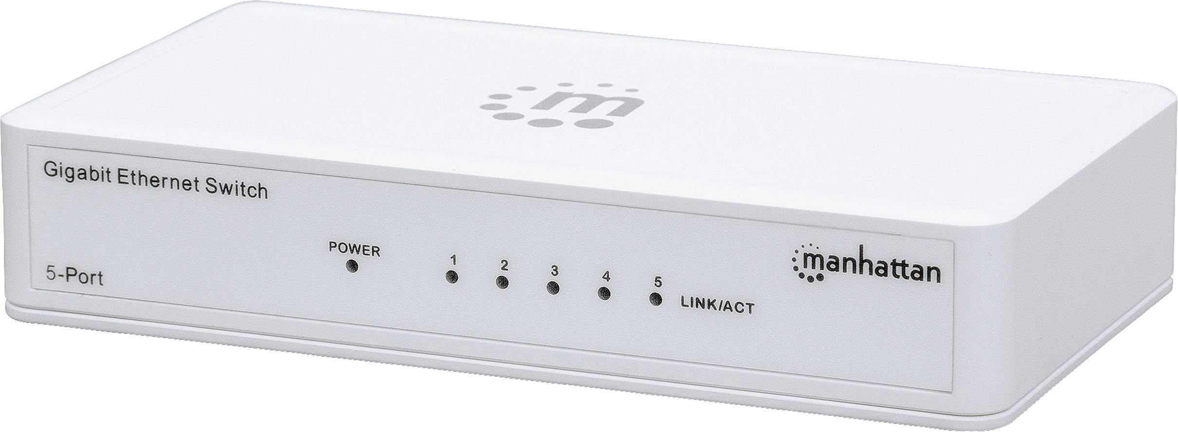 Biały 5-portowy przełącznik Gigabit Ethernet firmy Manhattan. Widok z przodu przedstawia wskaźniki zasilania i aktywności.