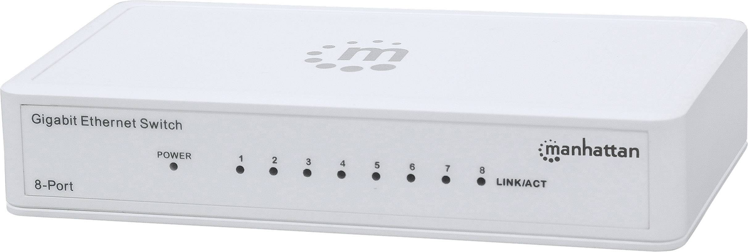 Biały 8-portowy gigabitowy switch Ethernet firmy Manhattan, widok z przodu, z diodami LED wskazującymi stan zasilania i połączenia.