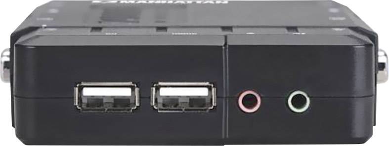 Czarny elektroniczny adapter z dwoma portami USB, różowym i zielonym wejściem audio z przodu.