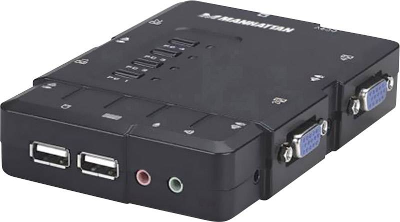 Czarny przełącznik KVM z wieloma portami VGA i USB, przeznaczony do łączenia komputerów z monitorami i urządzeniami peryferyjnymi.