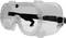 Okulary ochronne z przezroczystego tworzywa sztucznego z czarną elastyczną opaską, przeznaczone do ochrony oczu przed zagrożeniami w laboratoriach lub strefach przemysłowych.