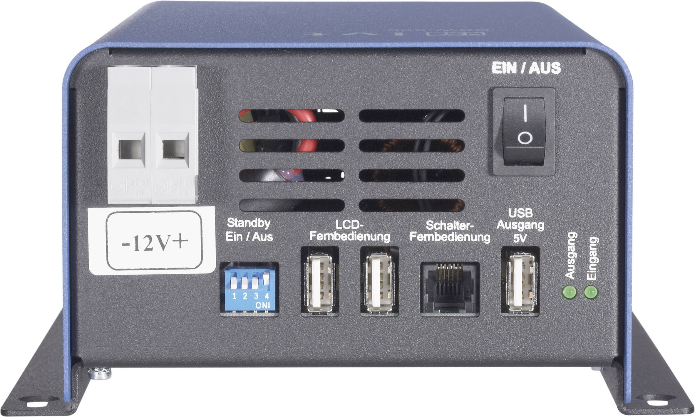 Czarna elektroniczna skrzynka sterująca z przełącznikiem 'Włącz/Wyłącz', wieloma portami USB oraz wejściem zasilania -12V.