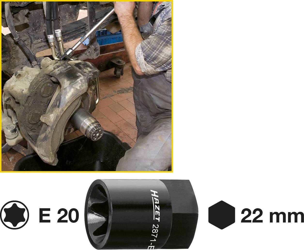 Osoba pracuje przy silniku samochodowym, używając narzędzi do naprawy. Na pierwszym planie widoczny jest klucz nasadowy E20 oraz nasadka 22 mm.