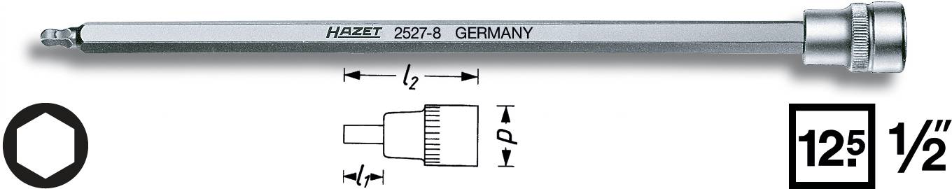 Długi nasadowy klucz nasadowy Hazet, model 2527-8, wyprodukowany w Niemczech. Prezentuje wymiary i zastosowanie dla narzędzia o rozmiarze 12,5 mm.