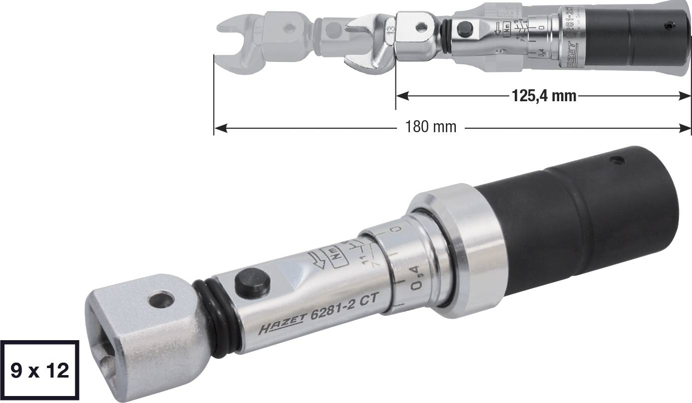Klucz dynamometryczny z gniazdem 9x12, całkowita długość 180 mm, zakres 0-4 Nm. Ilustracja przedstawia klucz z wymiarami.