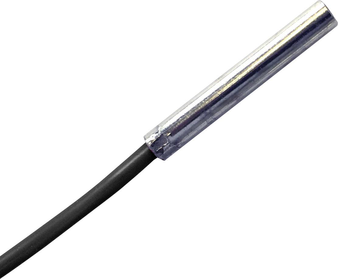 Cylindryczny czujnik temperatury metalowy z czarnym przewodem.