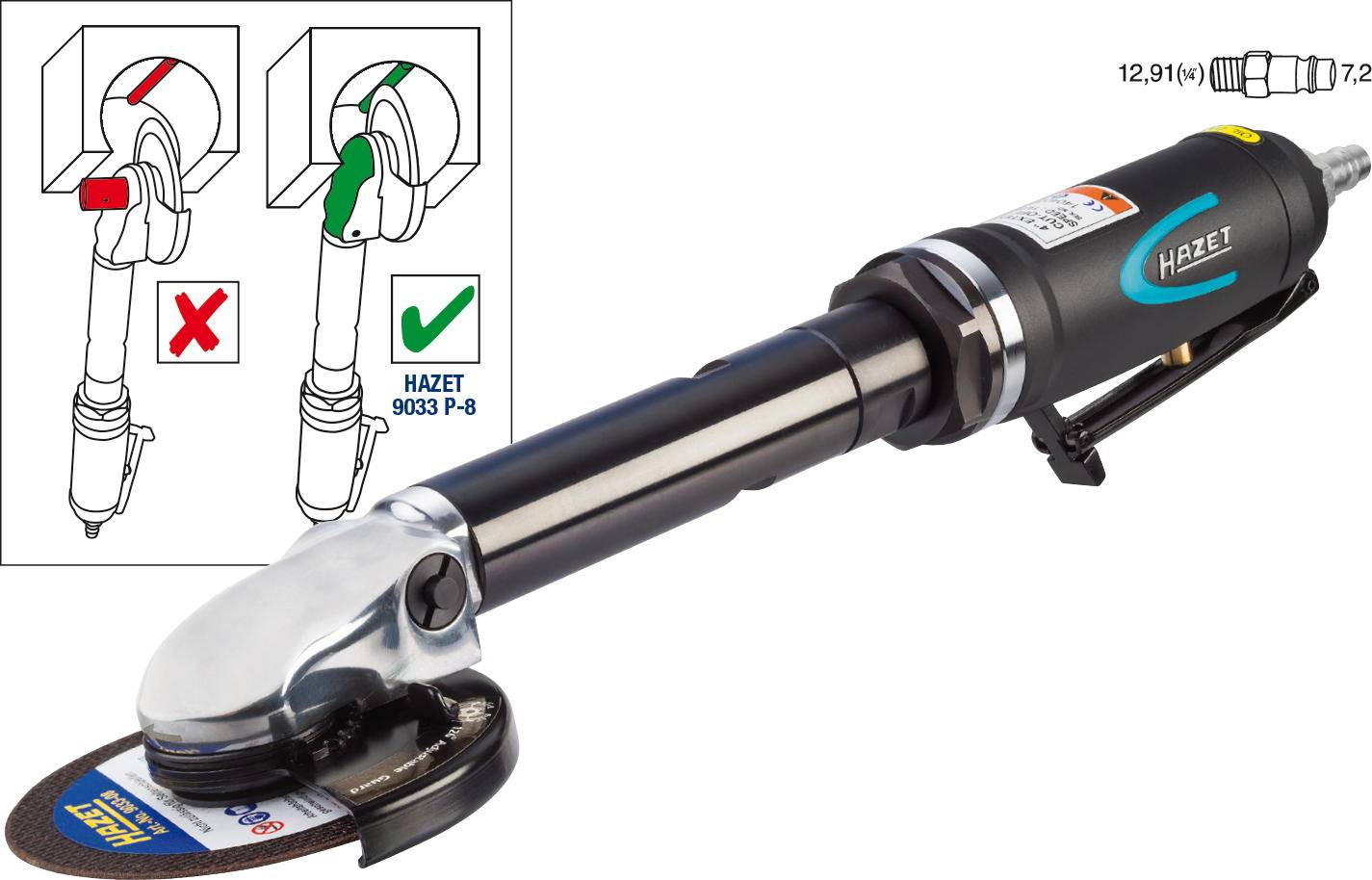 Pneumatyczne szlifierki kątowe HAZET z wskazówkami dotyczącymi prawidłowego użycia w tle. Znacznik zaznacza poprawne zastosowanie.