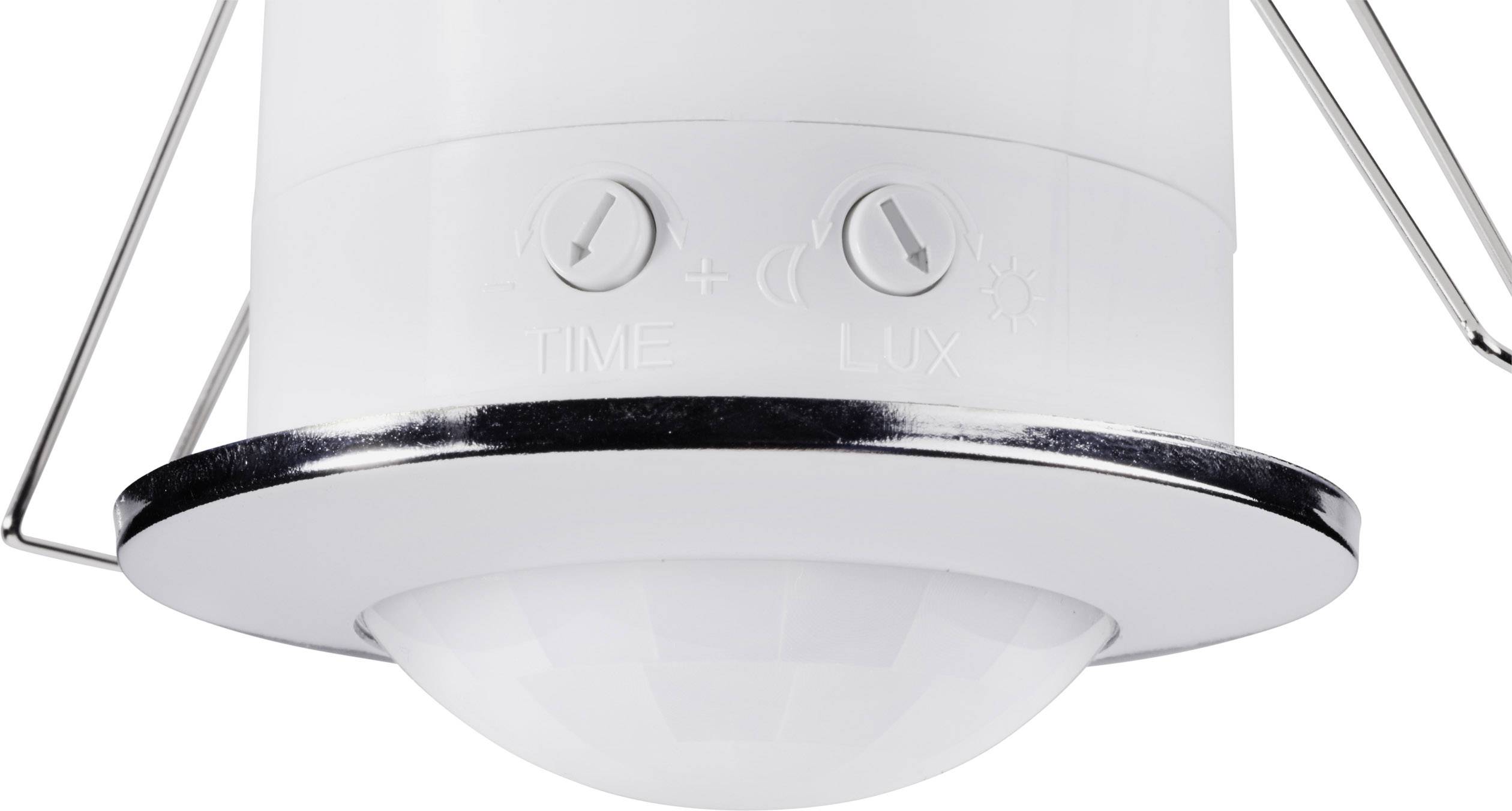 Czujnik ruchu sufitowy w kolorze białym z dwoma pokrętłami do regulacji 'CZAS' i 'NATĘŻENIE ŚWIATŁA', służącymi do ustawienia czułości i czasu pracy.