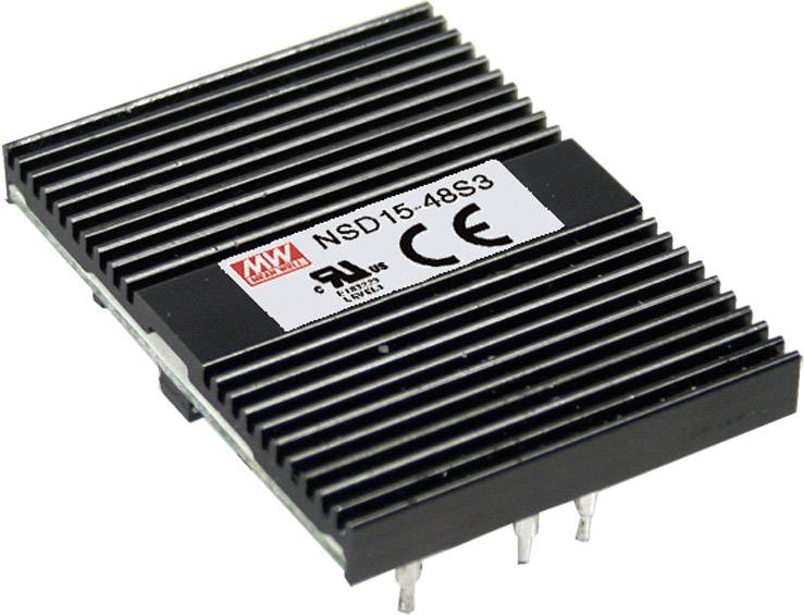 Element elektroniczny z żeberkami chłodzącymi, oznaczony symbolem 'NSD15-48S3' i znakiem CE, prawdopodobnie przetwornik napięcia.