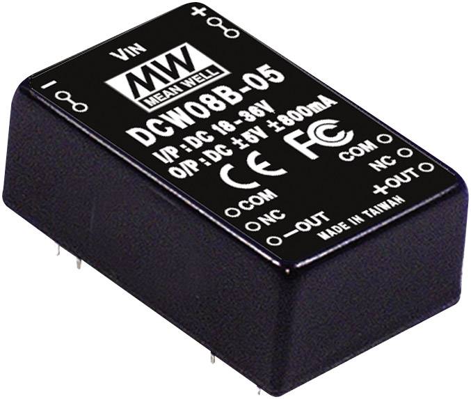 Przetwornica napięcia marki Mean Well, model DCW08B-05, wejście: 18-36V DC, wyjście: ±5V, 800mA, certyfikowana CE i FCC.