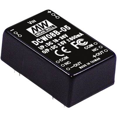 Przetwornica napięcia marki Mean Well, model DCW08B-05, wejście: 18-36V DC, wyjście: ±5V, 800mA, certyfikowana CE i FCC.