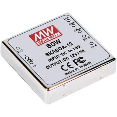 Elektryczny moduł zasilający marki Mean Well, model SKA60A-12, o specyfikacjach: wejście DC 9-18V, wyjście DC 12V/5A, moc 60W.