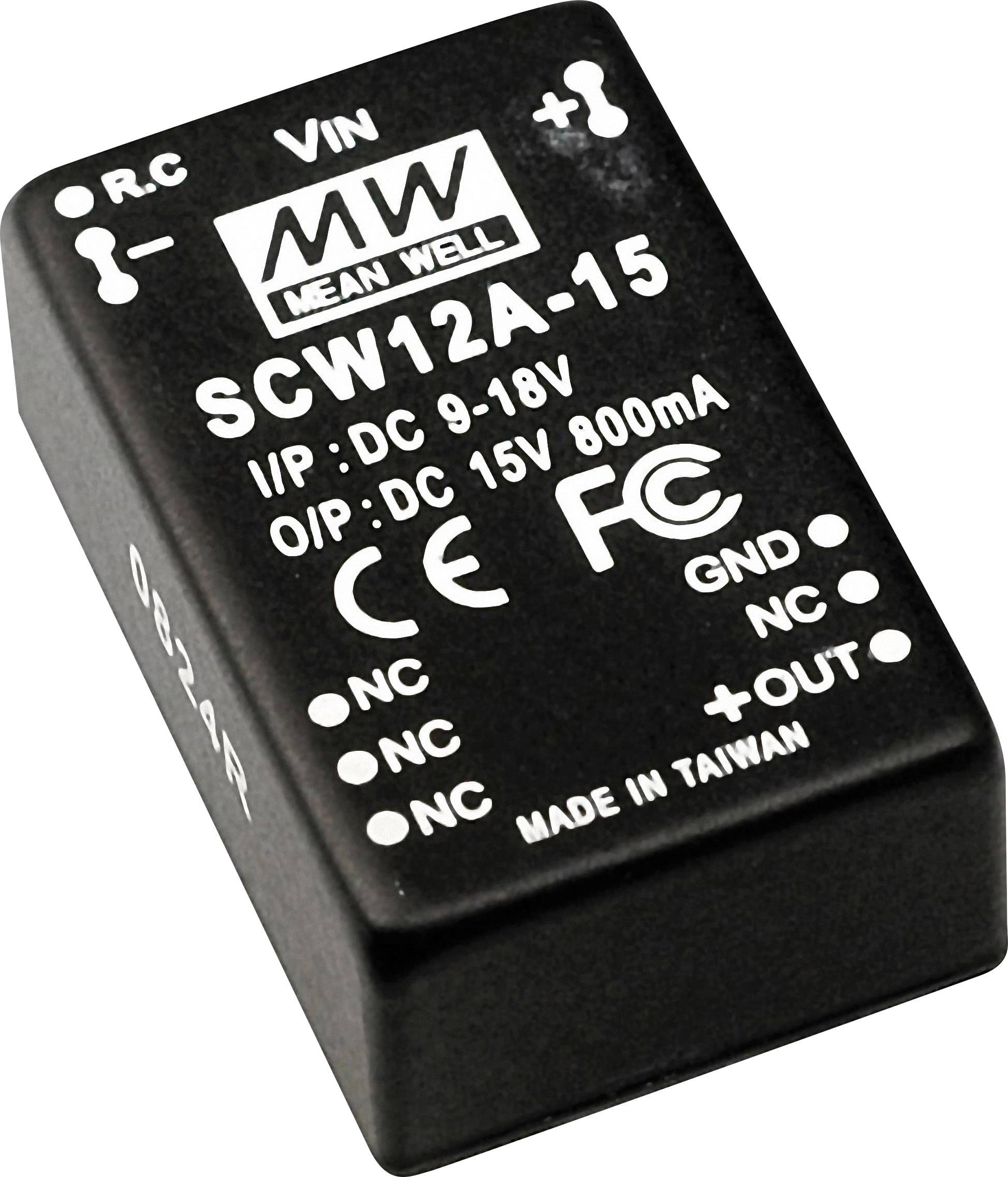 Czarny moduł zasilacza impulsowego firmy Mean Well, model SCW12A-15, wejście: 9-18V DC, wyjście: 15V DC, 800mA, wyprodukowany na Tajwanie.