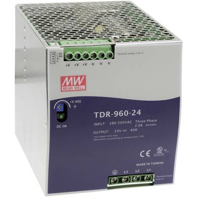 Zasilacz z napisem 'TDR-960-24' firmy Mean Well. Wejście: 380-500VAC, wyjście: 24V, 40A. Trójfazowy. Wyprodukowany na Tajwanie.