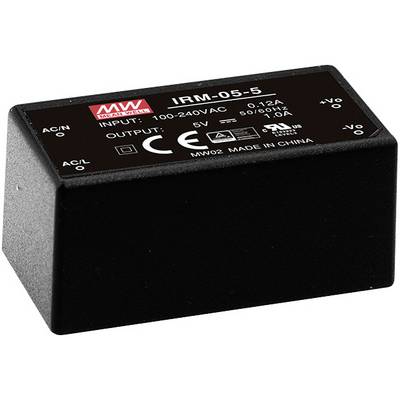 Czarny prostokątny zasilacz 'IRM-05-5' firmy Mean Well, wejście: 100-240VAC, wyjście: 5V. Oznaczenia CE i Made in China.
