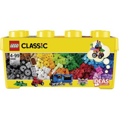 Żółte pudełko LEGO Classic z kolorowymi klockami, przeznaczone dla grupy wiekowej 4-99, z kreatywnymi pomysłami na budowę i modelami na opakowaniu.
