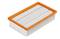 Filtr powietrza z prostokątną, pomarańczową ramką i białymi fałdami. Stosowany w pojazdach do oczyszczania powietrza dostającego się do silnika.
