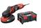 Czarna i czerwona elektryczna szlifierka obok czarnej skrzynki narzędziowej, oba z logo 'FLEX'.