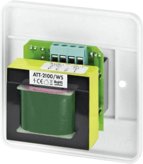 Transformator marki ATT-2100/WS zamontowany na białej płycie ściennej, przedstawiający certyfikaty CE i RoHS oraz złącza techniczne.