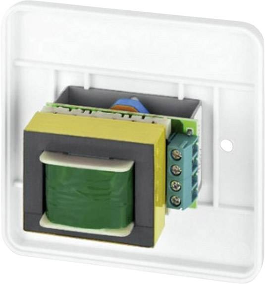 Elektryczny transformator z zielonym rdzeniem cewki i żółtą obudową jest zamontowany na białej płycie montażowej.