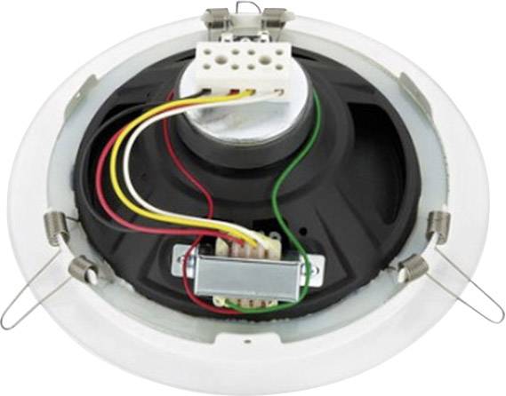 Okrągły głośnik widziany od dołu, z widocznymi przewodami i zaciskami mocującymi.