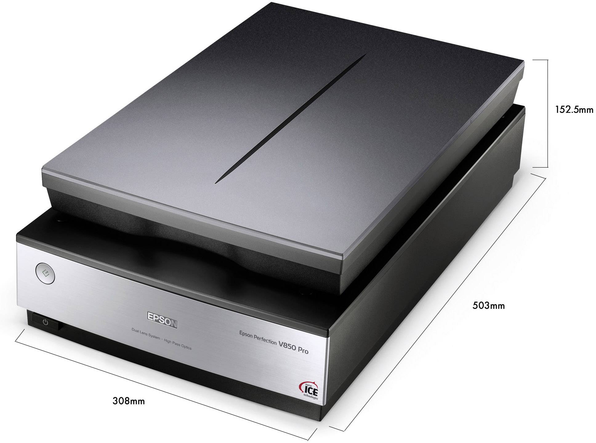 Skaner płaski na białym tle. Wymiary: 308 mm szerokości, 503 mm głębokości i 152,5 mm wysokości. Model: Epson Perfection V850 Pro.