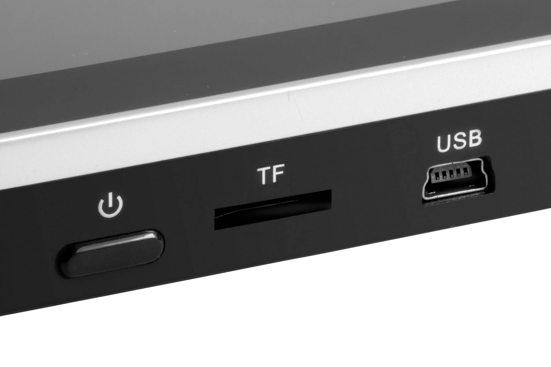 Część urządzenia elektronicznego z włącznikiem sieciowym, gniazdem karty TF i złączem USB.