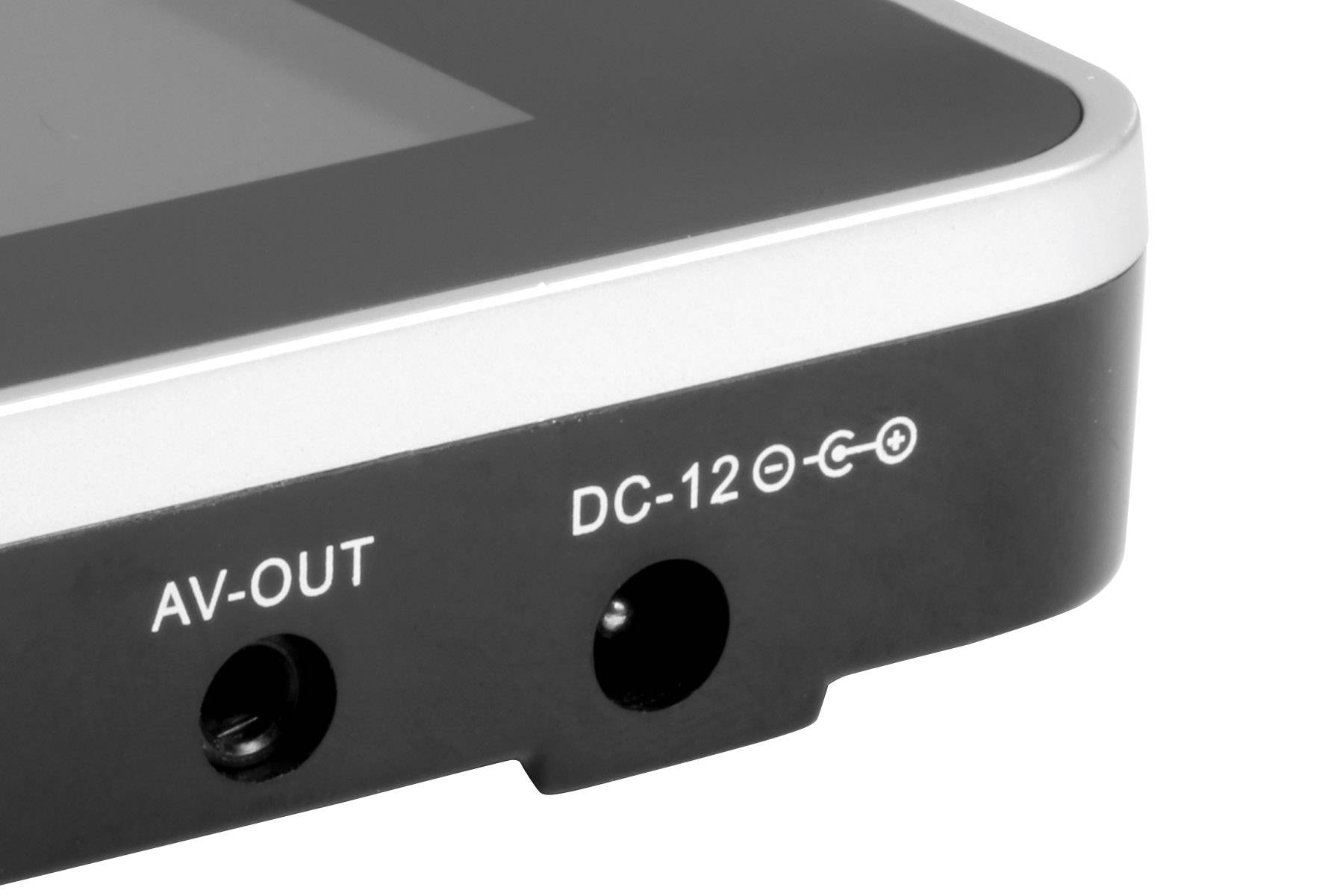 Szczegółowy widok urządzenia elektronicznego z gniazdami AV-OUT i DC-12.