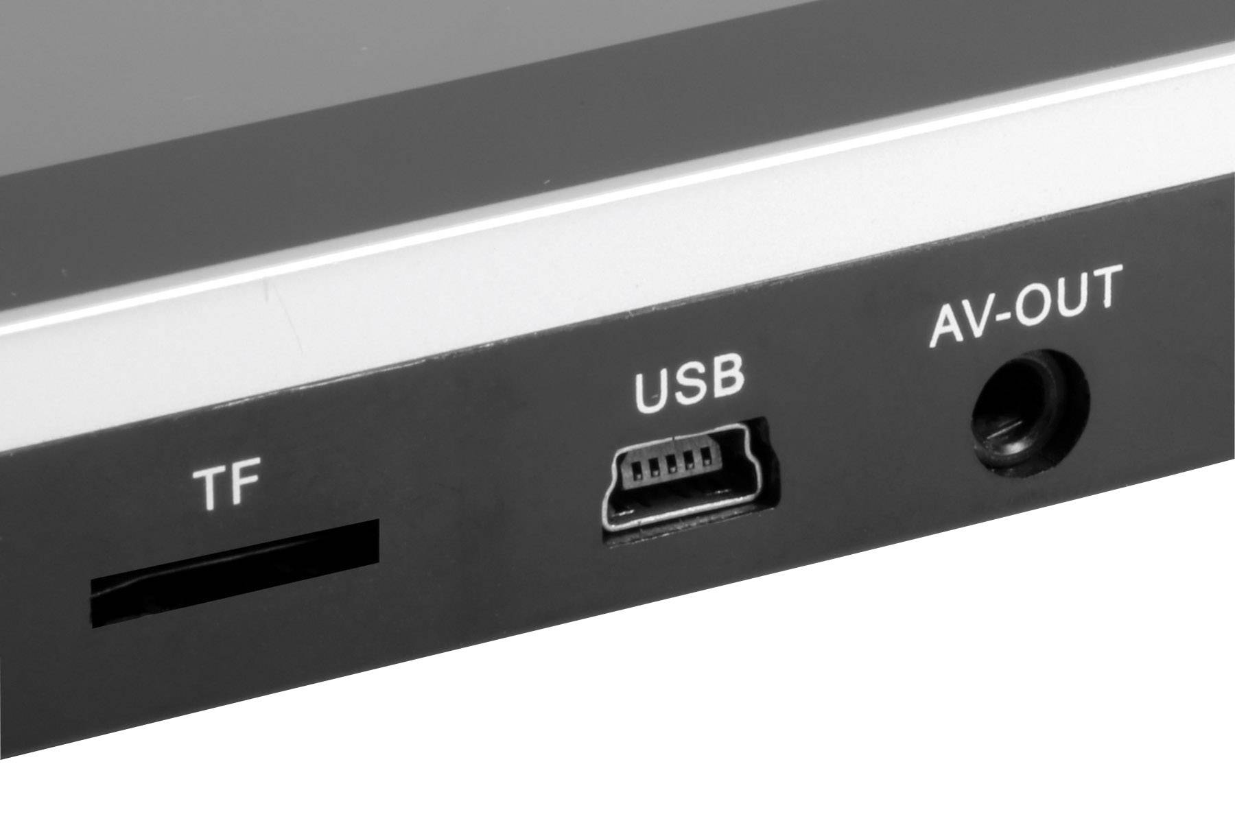 Prostokątne urządzenie elektroniczne z gniazdami: slot karty TF, port USB oraz złącze AV-OUT na czarnym tle.