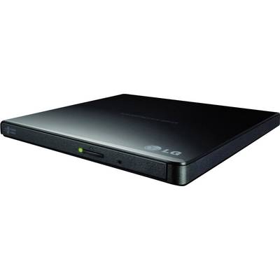 Płaski, czarny nagrywarka DVD firmy LG w kształcie prostokąta, z diodową wskaźnikiem i logo firmy.