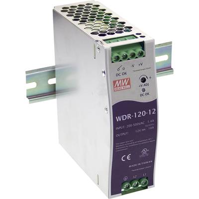 Jednostka zasilająca montowana na szynie DIN, marka 'MW', model 'WDR-120-12'. Wejście: 200-500VAC, wyjście: 12V/10A. Miejsce produkcji: Tajwan.